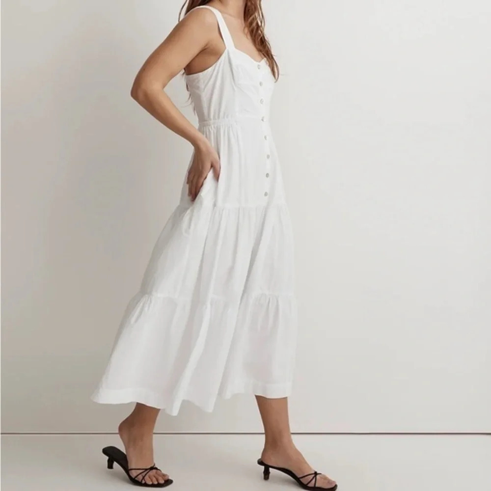 New Madewell Button Front Tiered Midi Dress White nK427
